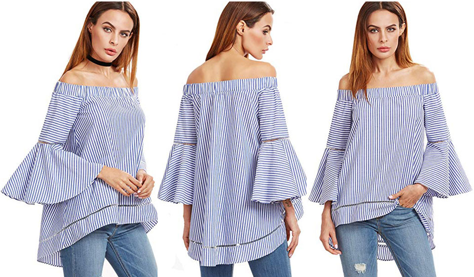 SheIn Off The Shoulder Bell Sleeve Striped Blouse