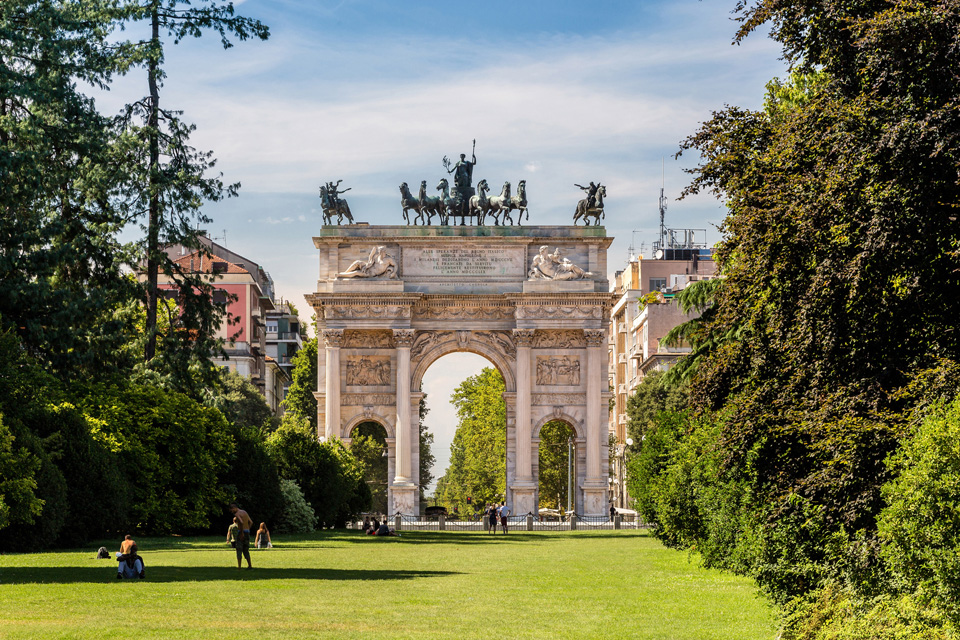 Arco della Pace and gardens of Parco Sempione, Milan, Italy