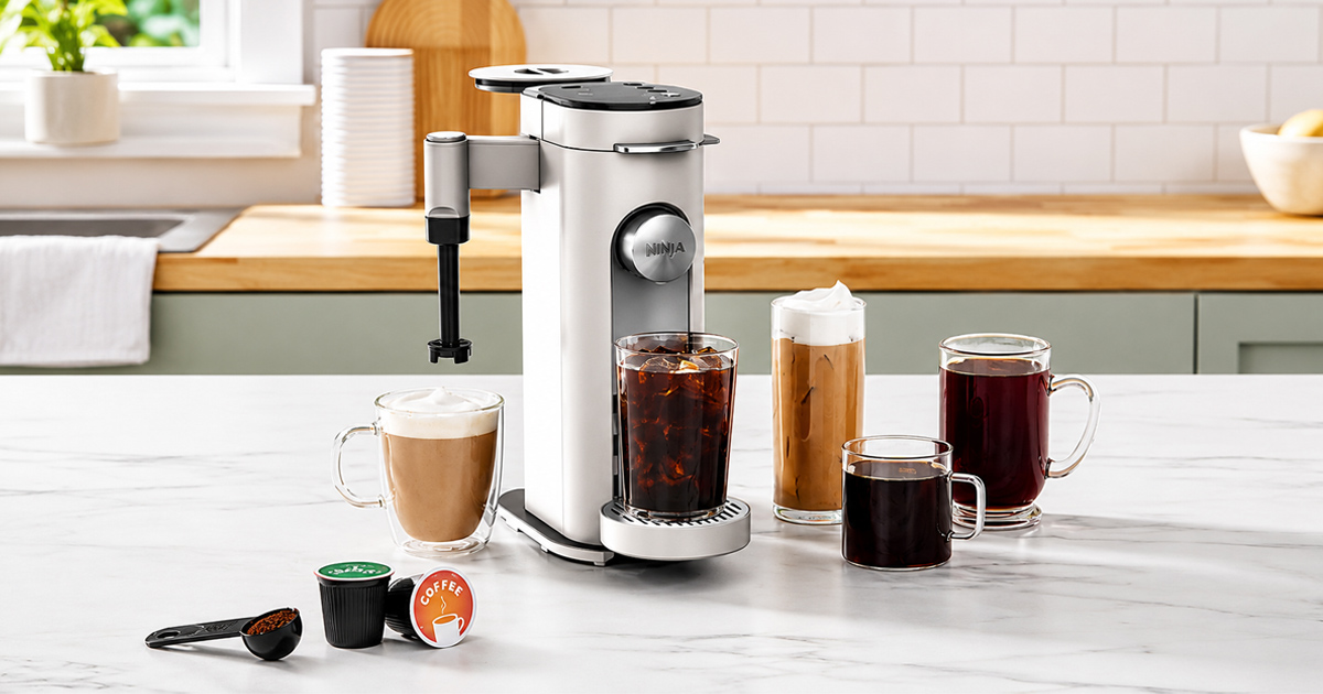 Ninja coffee maker in a modern kitchen preparing hot and iced coffee drinks, highlighting single-serve brewing convenience, specialty coffee options, and countertop-friendly design.