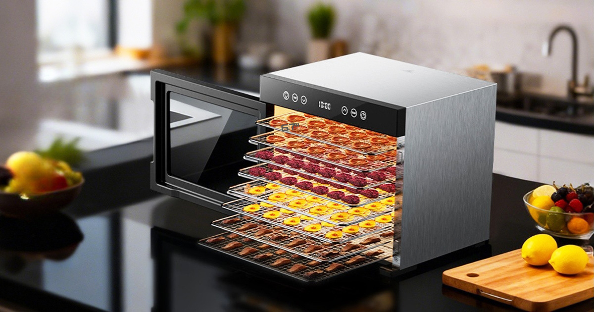Stainless steel food dehydrator with multiple trays filled with sliced fruit, meat and other foods, displayed on a modern kitchen countertop.