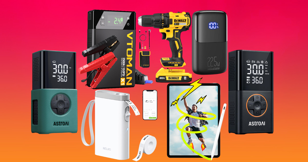 Collage of bargain gadget deals including portable tire inflators, a DEWALT cordless drill, portable charger, jump starter, Bluetooth label maker, and iPad stylus on a bright gradient background.