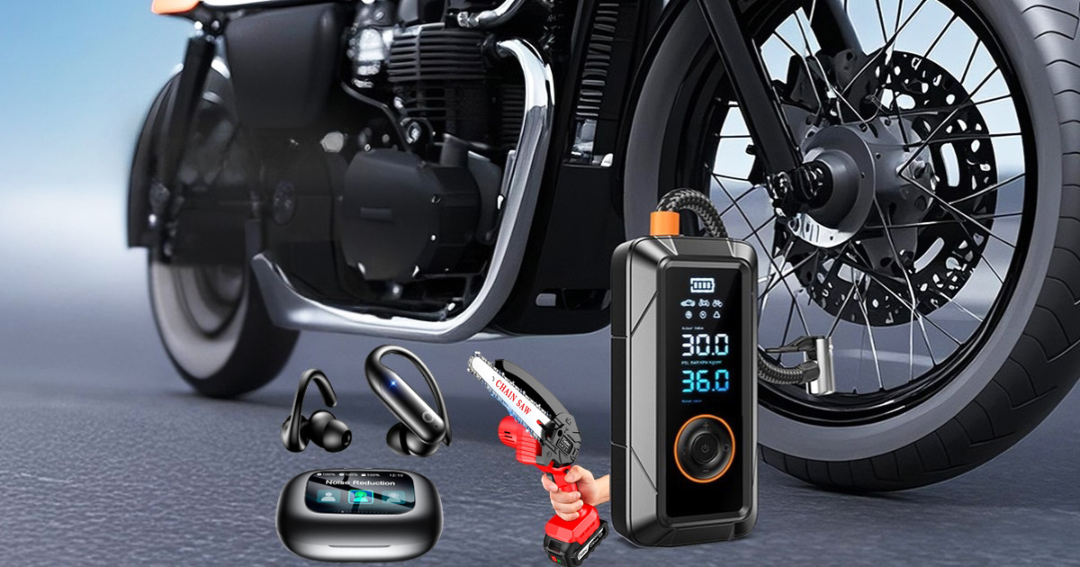 Wireless earbuds with touchscreen charging case, portable jump starter with air compressor connected to a motorcycle tire, and a handheld mini chainsaw displayed against a motorcycle backdrop.