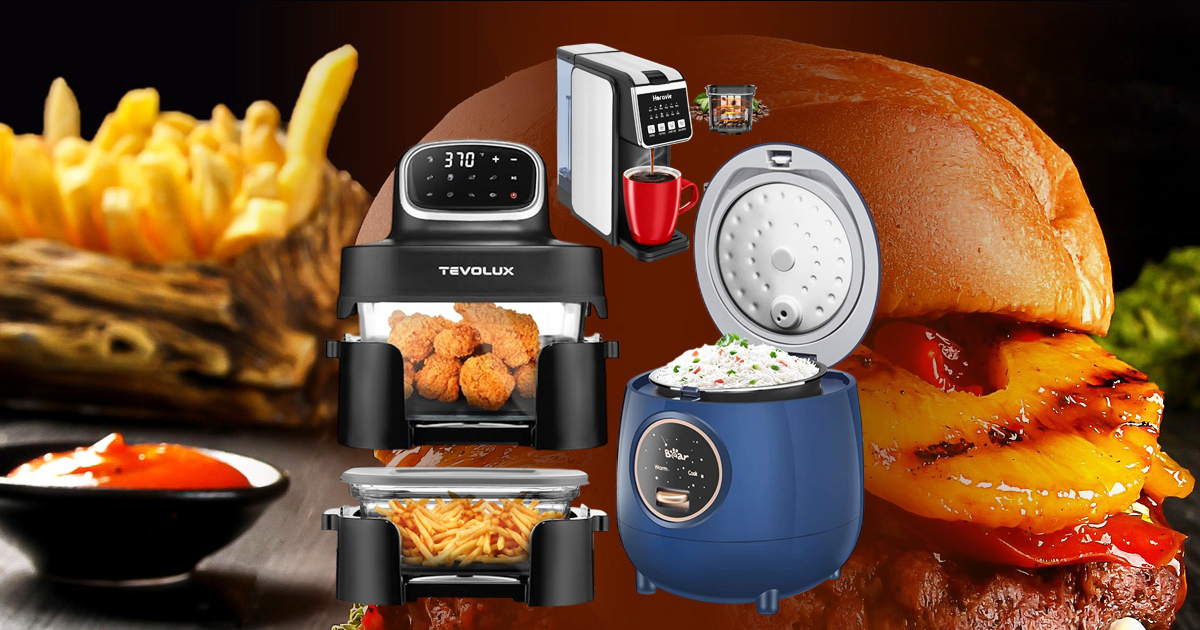 Collage of discounted kitchen gadgets including a glass air fryer, single serve coffee maker with grinder, and portable mini rice cooker set against a burger and fries background