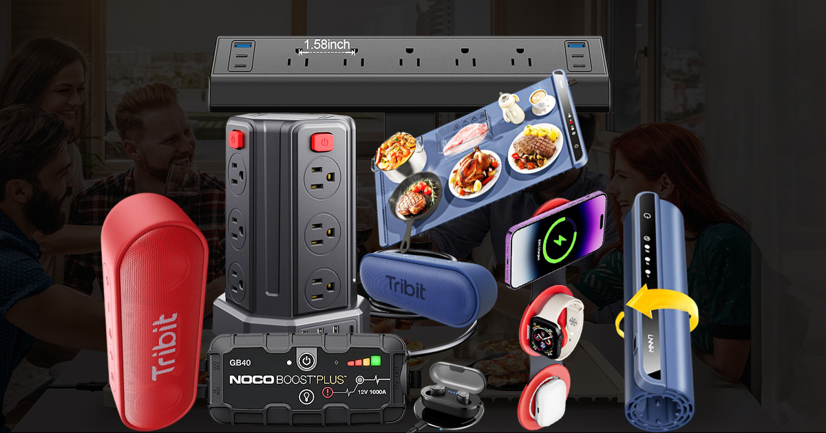 Collage of gadget deals including a Tribit Bluetooth speaker, NOCO Boost Plus GB40 jump starter, and portable electric warming mat