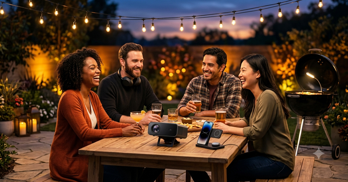 Friends gathered around enjoying tech gadgets outdoors and sharing their favorite new gear.