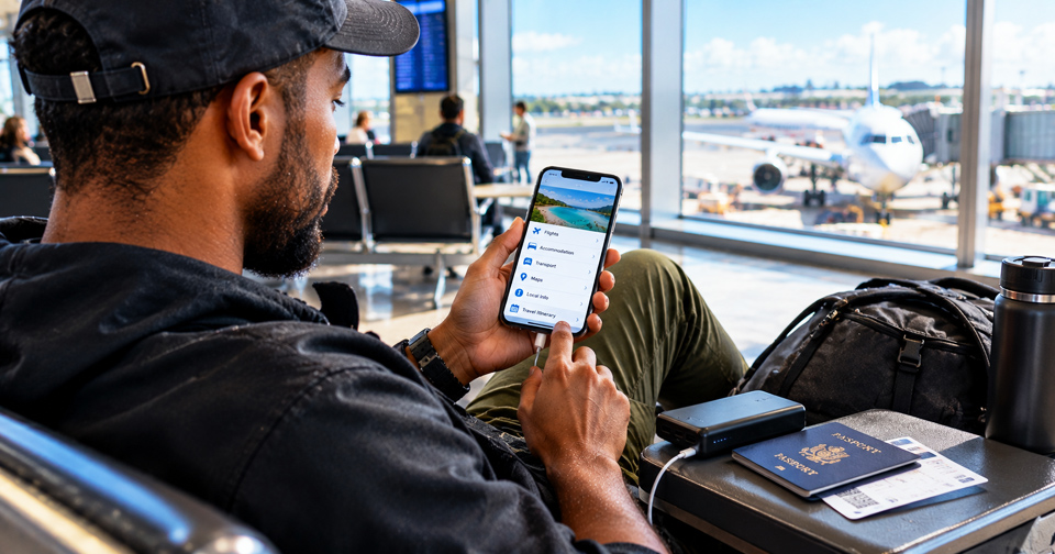 Male traveller seated in an airport terminal checking travel information on his smartphone, with a backpack, passport, boarding pass, power bank and water bottle beside him and an airplane visible through the windows.