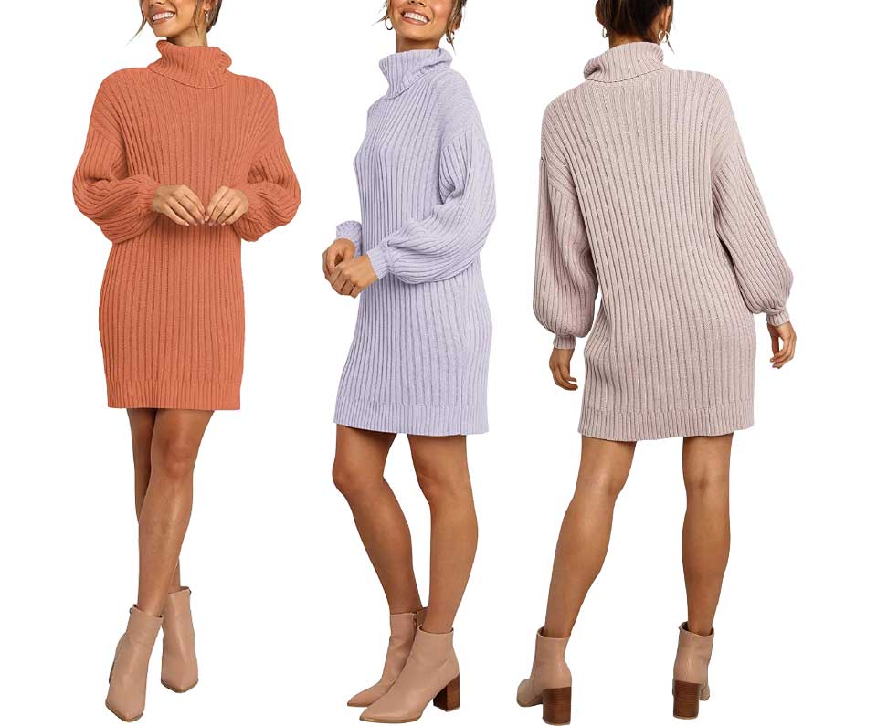 Anrabess Oversized Lantern Sleeve Turtleneck Sweater Dress