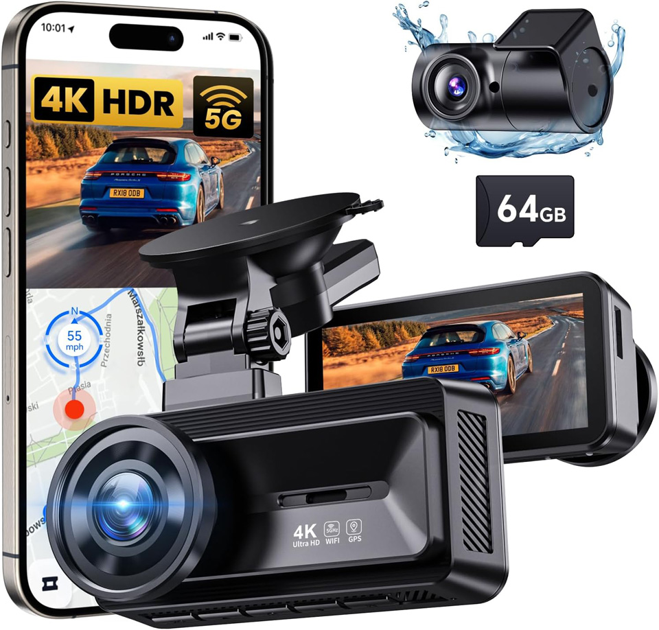 COOLCRAZY 4K Front And Rear Dash Cam With Built-in 5G WiFi GPS