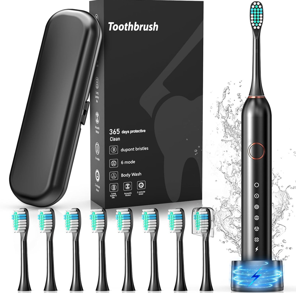 Cemobene Rechargeable Toothbrush With 8 Heads And Travel Case