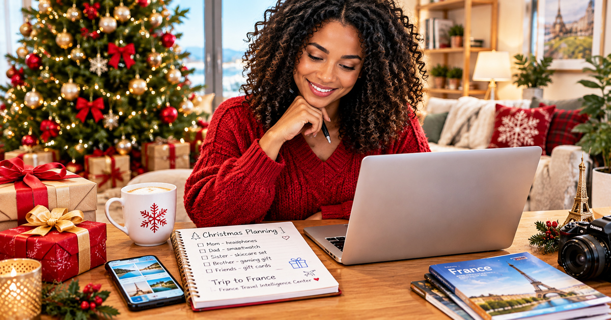 Christmas shopping graphic featuring a smiling woman with curly hair holding a 100-day Christmas countdown sign, her husband smiling in the background, and a festive kitchen with an air fryer oven, portable blender, meat thermometer, gifts and Christmas decorations.