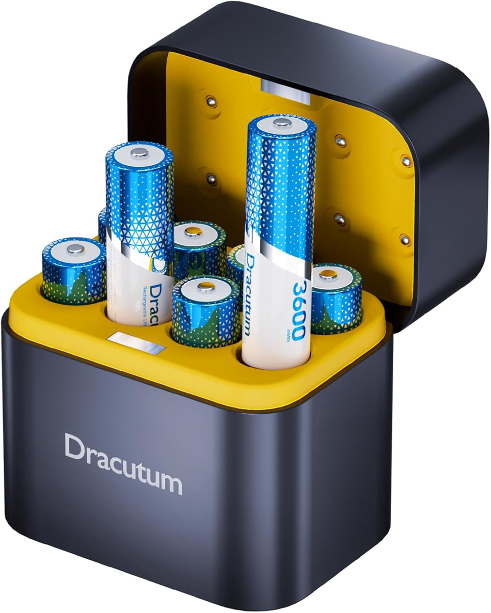 Dracutum AA Rechargeable Lithium 8-Pack Batteries With Charger