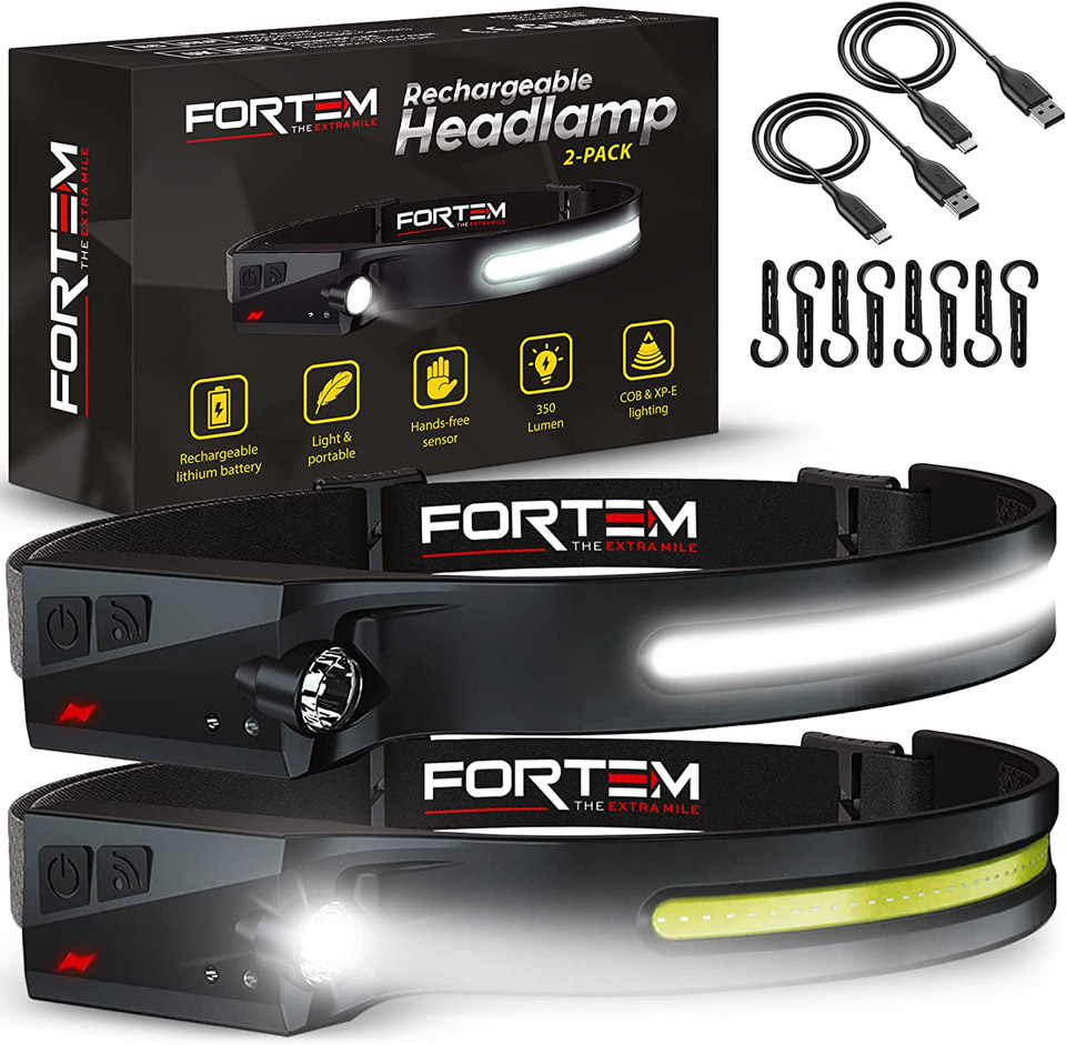 FORTEM 2-Pack Rechargeable Headlamp With Motion Sensor