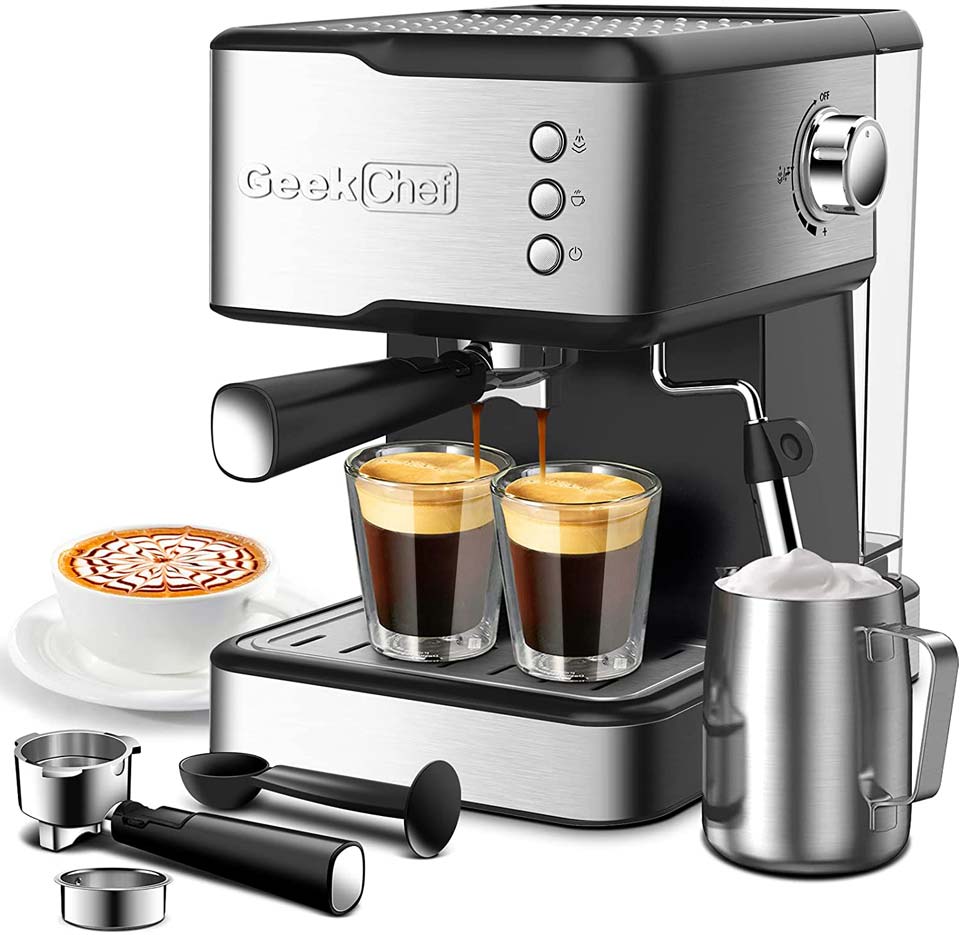 Geek Chef Espresso Coffee Maker With Milk Frother Steam Wand