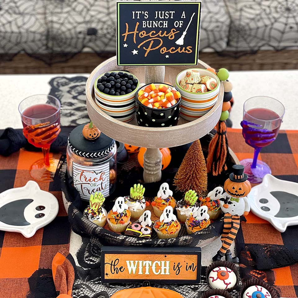 Halloween Decor 9pc Deluxe Decorative Tiered Tray Bundle