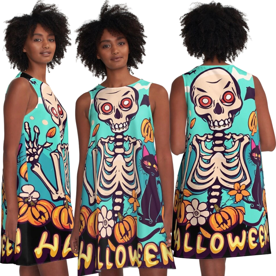 Halloween Skeleton With Red Eyes And Cat