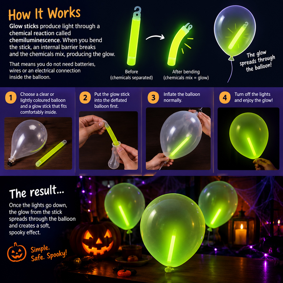 Halloween glow stick balloons glowing green in the dark, with a step-by-step guide showing how to activate a glow stick, place it inside a clear balloon, inflate it, and create a spooky Halloween decoration.