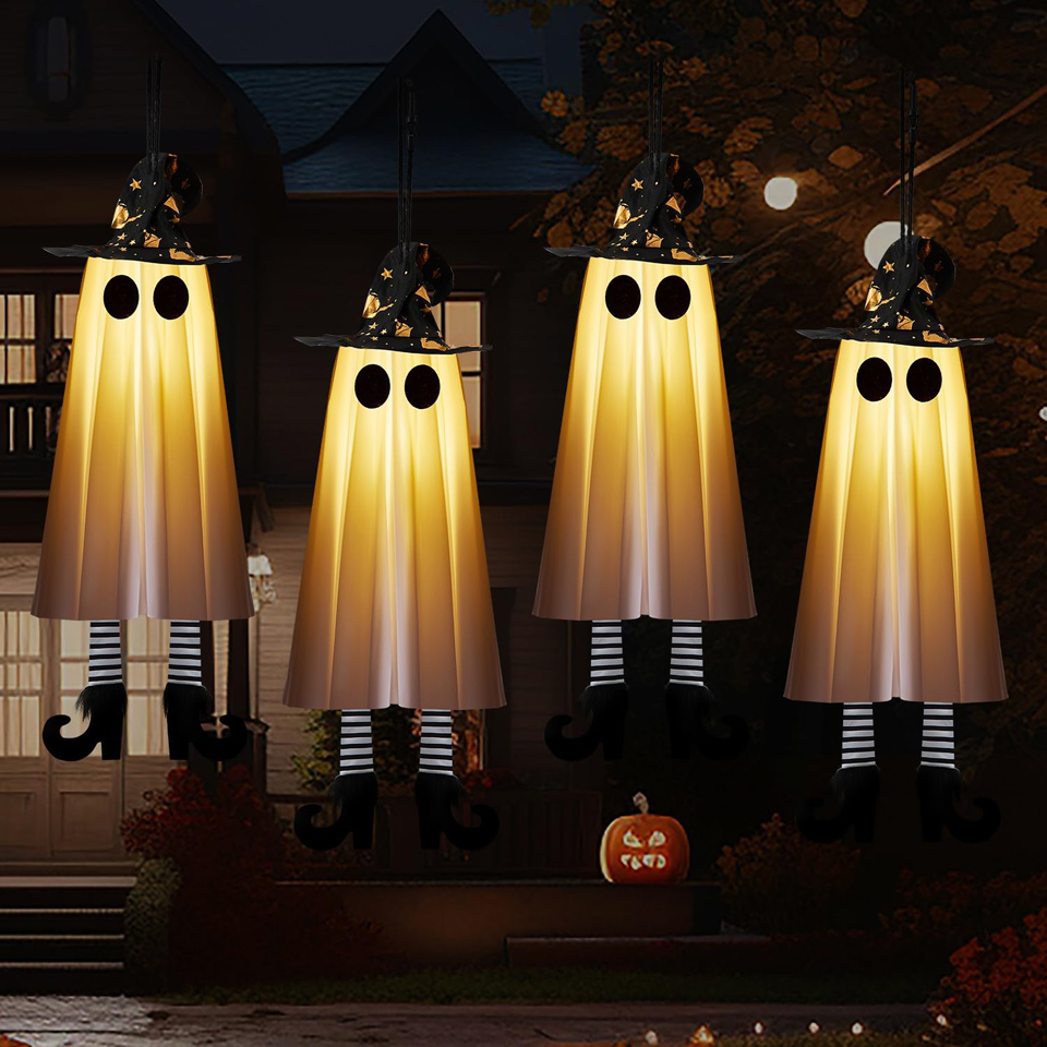 JOKOSIS 4-Piece Spooky Swinging Witch Hat Ghosts