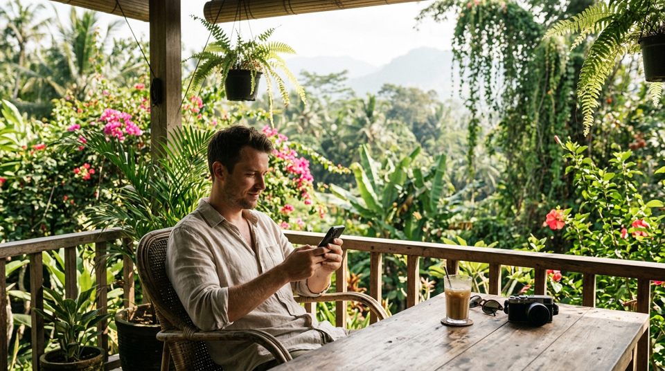 A solo male traveler sits at a modern outdoor terrace overlooking a lush, vibrant tropical landscape, comfortably checking his smartphone. The scene is filled with rich greens and bright floral accents, capturing a peaceful moment of connectivity during a trip.