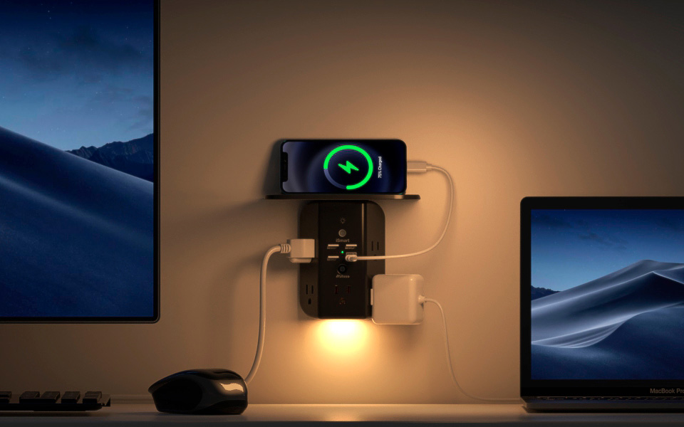 Mifaso 9-IN-1 Wall Outlet USB Charger With Shelf Night Light