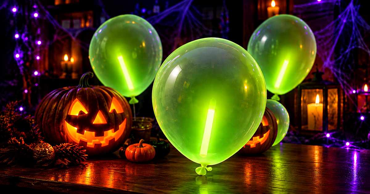 DIY Halloween trick featuring glowing green balloons with glow sticks inside, jack-o’-lanterns, candles, and purple lights creating a spooky Halloween atmosphere.