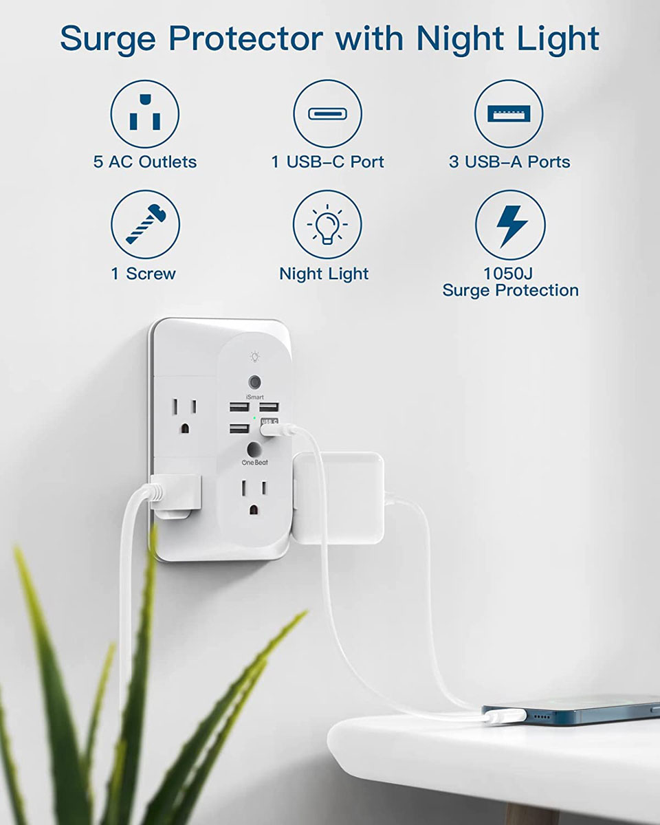 One Beat USB Charger Surge Protector With Night Light