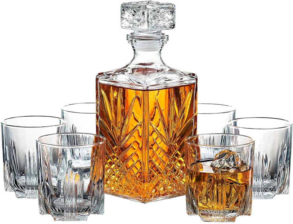 Paksh Novelty 7-Piece Italian Crafted Glass Decanter & Whisky Glass Set