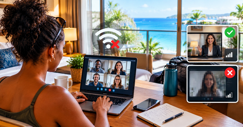 Woman working remotely on a laptop in a tropical hotel room, with a video meeting on screen and Wi-Fi graphics illustrating the difference between a stable connection and a poor signal. A smartphone, notebook, coffee and water bottle sit on the desk, with a sunny Caribbean bay visible through the window.