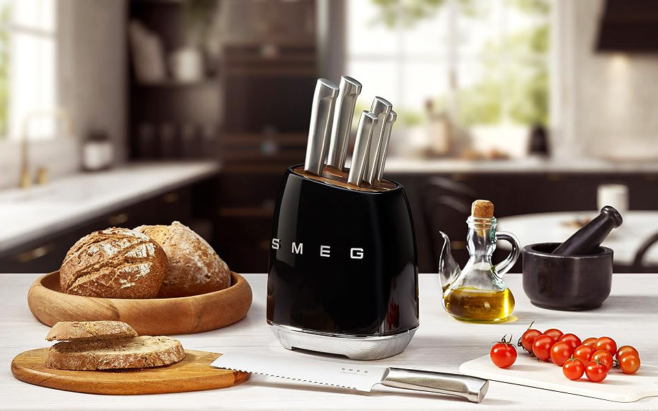 Smeg Black Stainless Steel Knife Block Set 