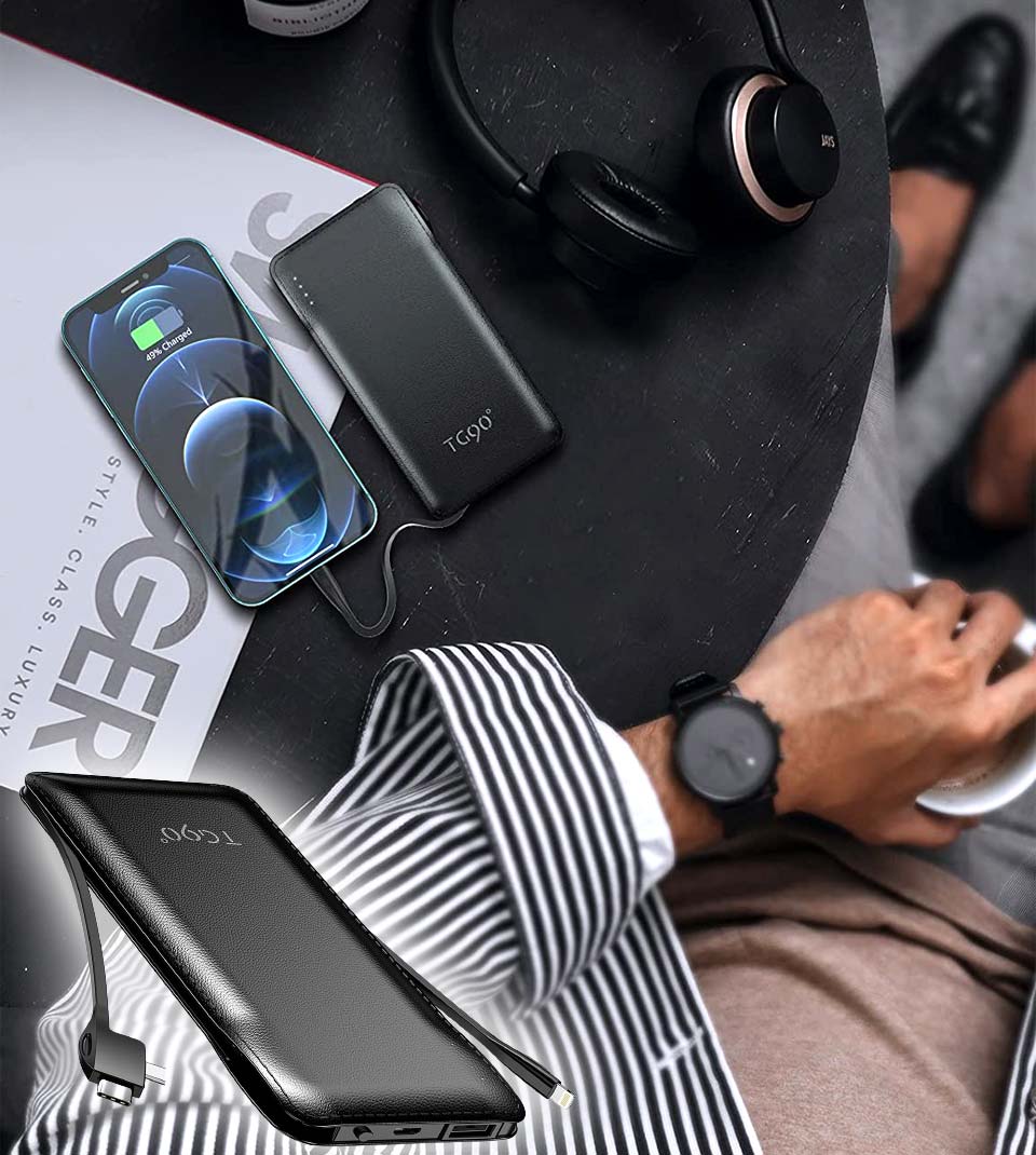 TG90° Portable Charger Power Bank With Built In Lightning Cable