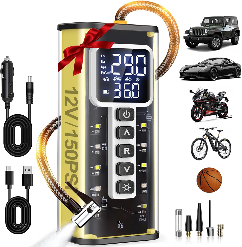 Teffim Portable Tire Inflator With Pressure Gauge