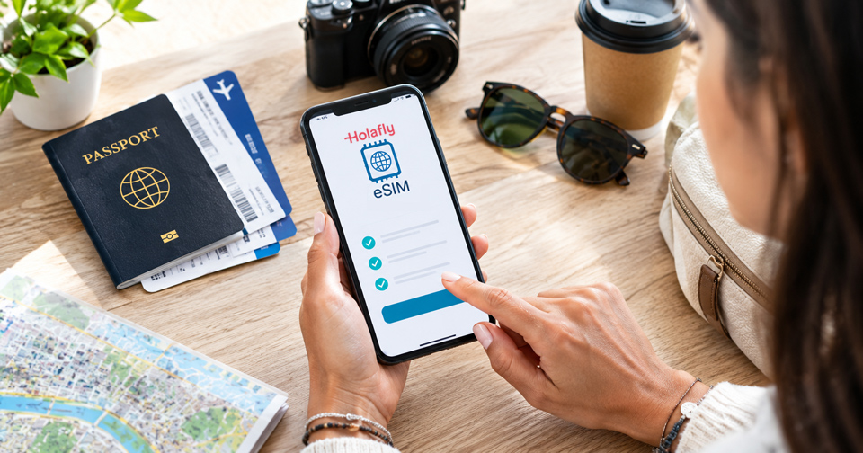 A woman traveller preparing an eSIM on her phone alongside a passport, boarding passes, a map, and other travel essentials.