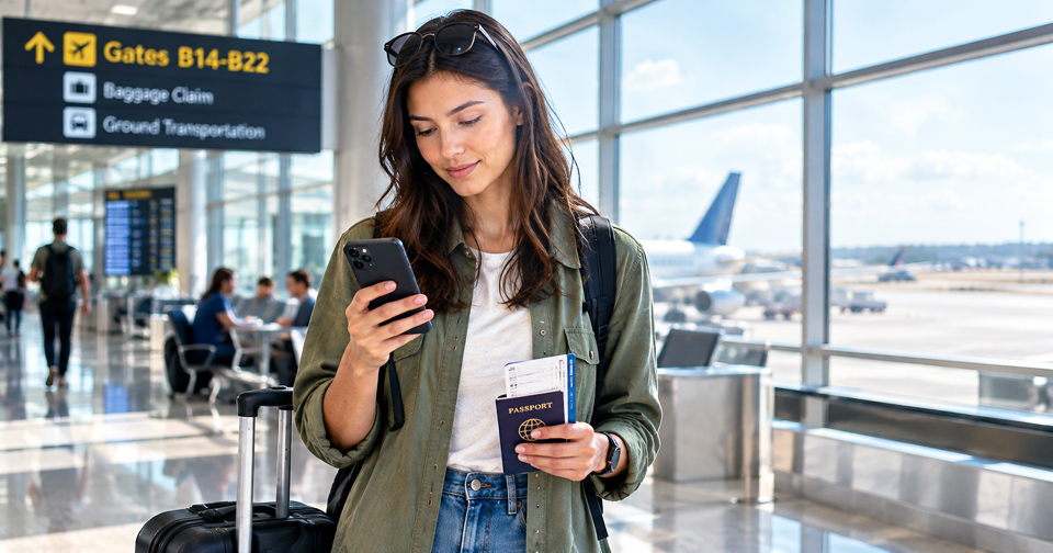 A traveler checking a phone with luggage nearby.