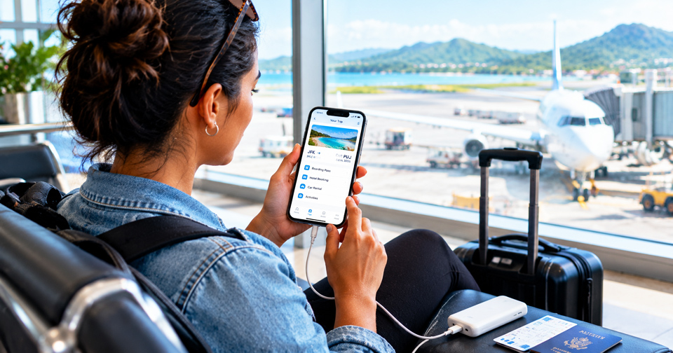 A solo traveller checks her travel details at the airport while keeping her phone charged and her documents close at hand.