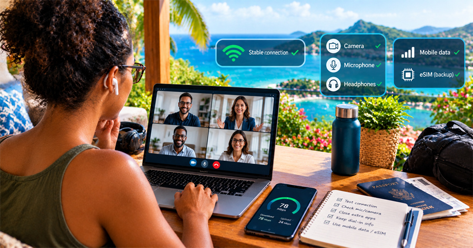 Woman working remotely from a tropical coastal terrace, joining a video conference on her laptop while checking her internet connection and meeting equipment. A smartphone, headphones, notebook, passport and travel essentials sit on the table, with visual indicators highlighting stable Wi-Fi and mobile data backup.