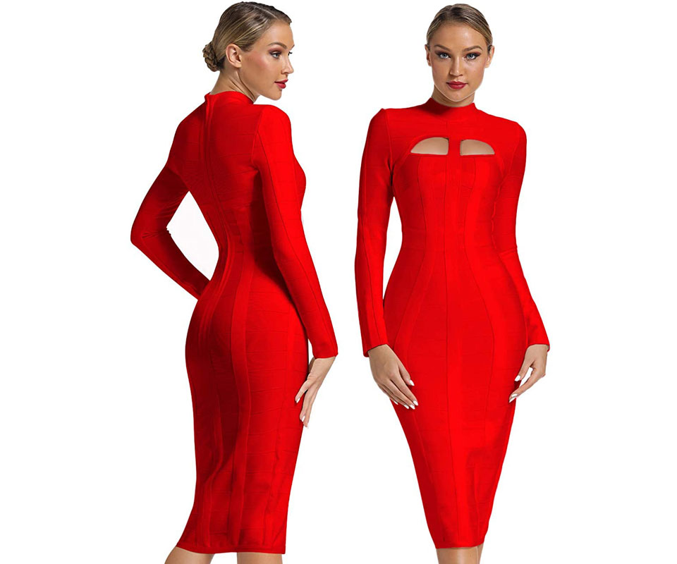 UONBOX Sexy Cut Out Long Sleeve Midi Bodycon Bandage Dress