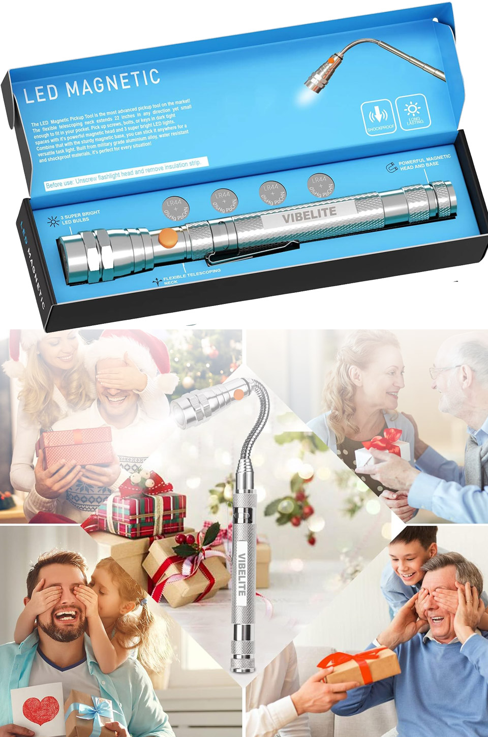 Vibelite Flexible Magnetic Telescoping Pickup Tool With Flashlights