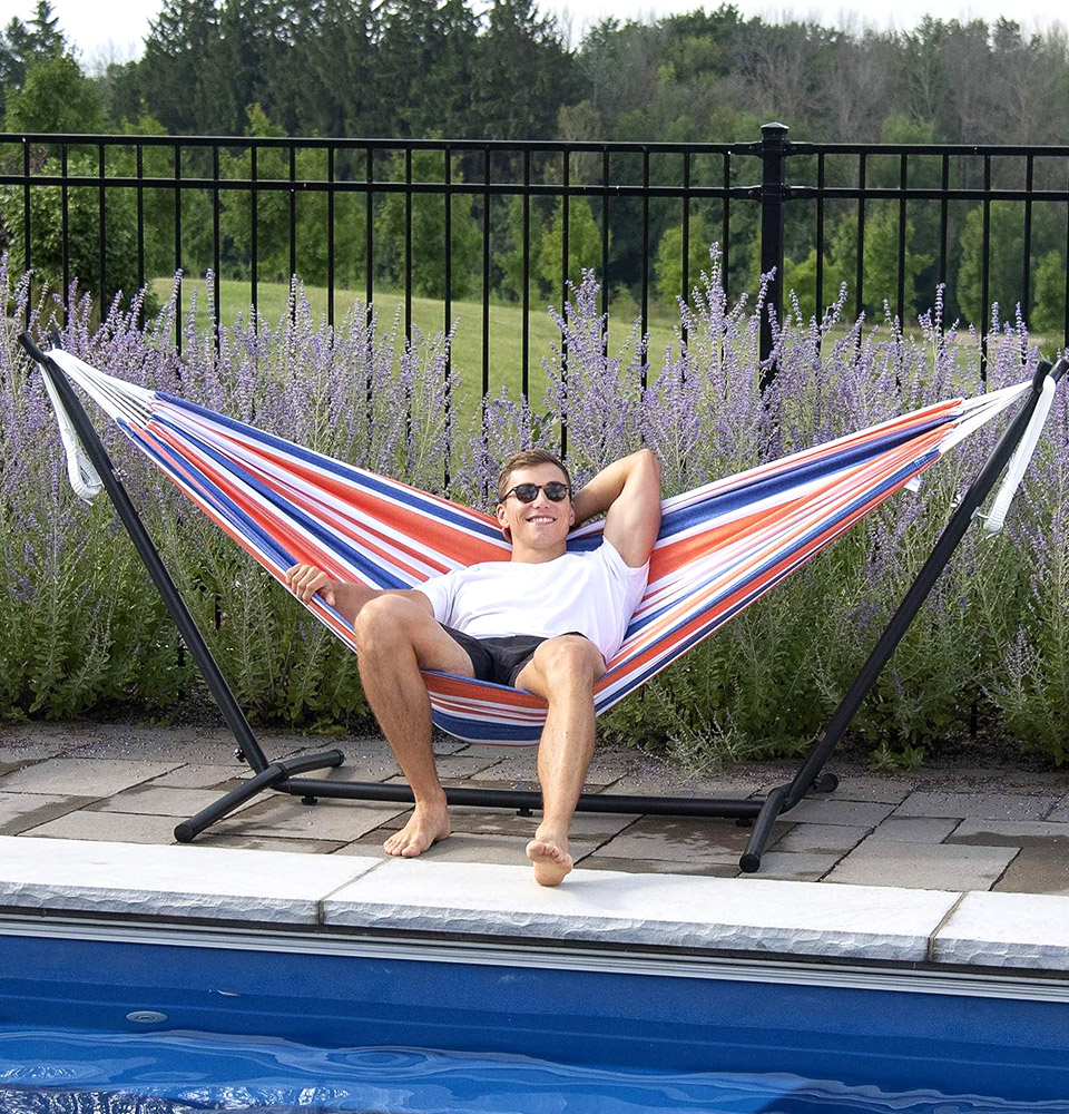 Vivere Double Cotton Hammock With Space Saving Steel Stand