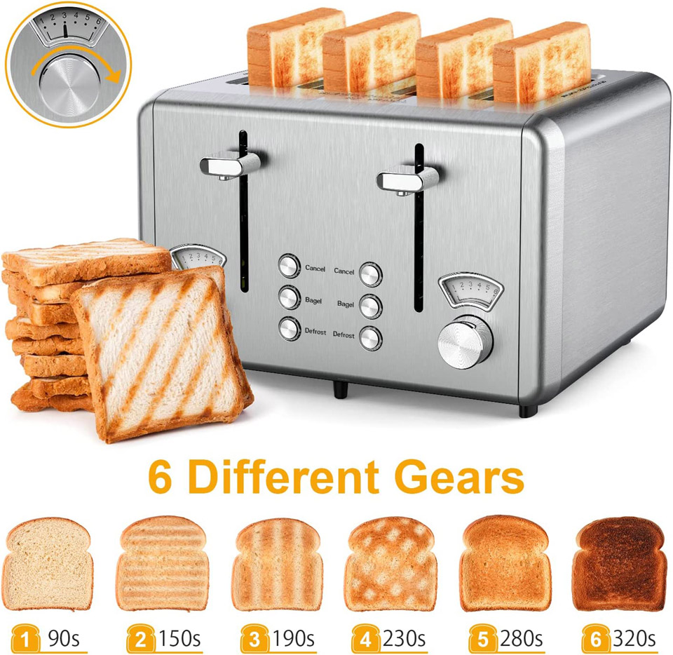 WHALL Toaster 4 Slice Stainless Steel