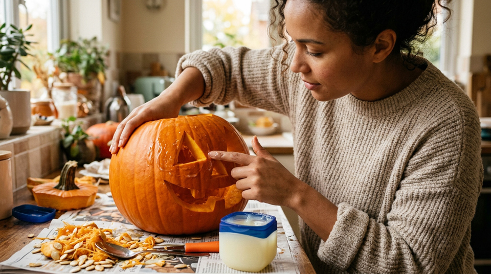 Woman coating pumpkin with jelly to help reduce moisture loss