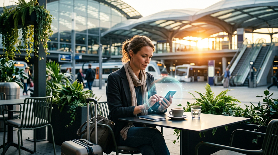 Vibrant 4K candid photograph of a woman sitting at a modern outdoor transport hub cafe. She is securely using her smartphone to arrange transport, with a soft, glowing digital aura around her device symbolizing a private eSIM connection. The color palette is rich and lively, with deep greens from plants and bright sunset oranges in the background. High dynamic range, sharp focus on the woman and her phone.