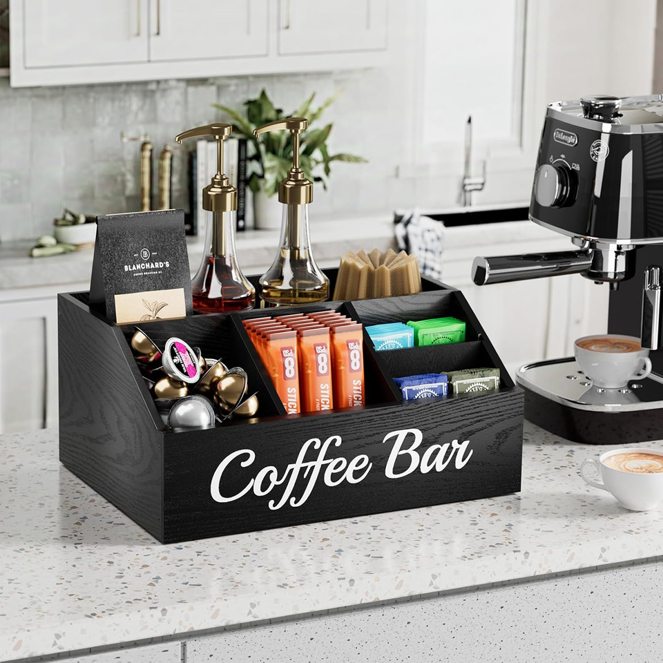 WooOrganix Wooden Coffee Bar Organizer With Adjustable Dividers