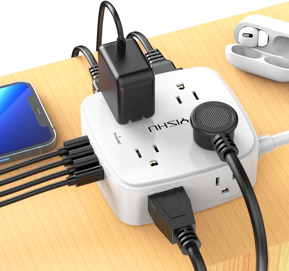 YISHU Surge Protector Power Strip Extension With 4-USB Ports