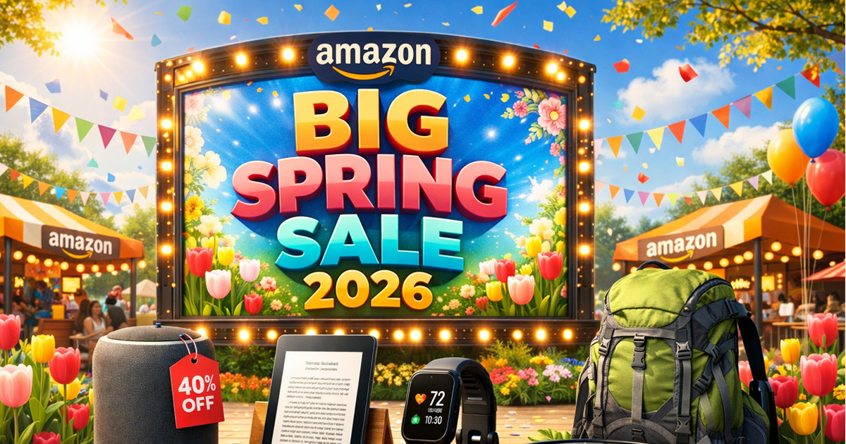 A vibrant outdoor festival scene for Amazon's Big Spring Sale 2026, featuring top-tier tech deals on Echo devices, Kindles, and fitness trackers under a bright spring sun.