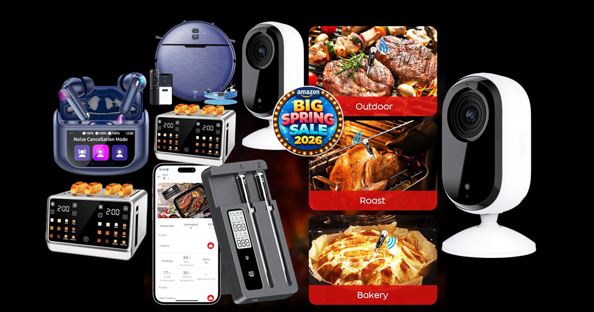 Amazon Big Spring Sale gadgets collage featuring smart home devices, kitchen appliances, and electronics with vibrant deal-focused design