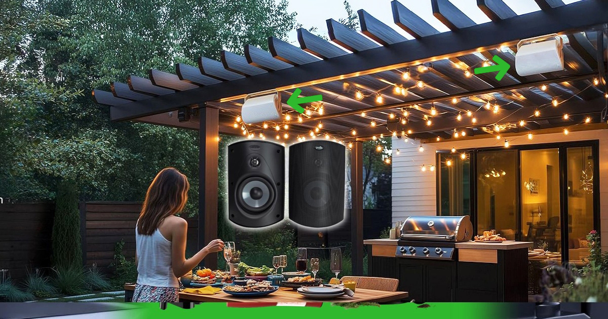 Backyard patio setup with string lights and a grill, featuring Polk Audio Atrium 5 all-weather outdoor speakers mounted overhead, delivering powerful sound for outdoor gatherings.