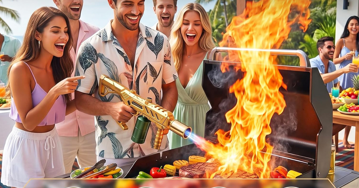 Group of friends laughing and enjoying a backyard barbecue as a man uses a long-reach propane torch to ignite the grill, with flames rising above steaks, corn and vegetables. Tropical greenery, outdoor dining and drinks create a lively summer party atmosphere.