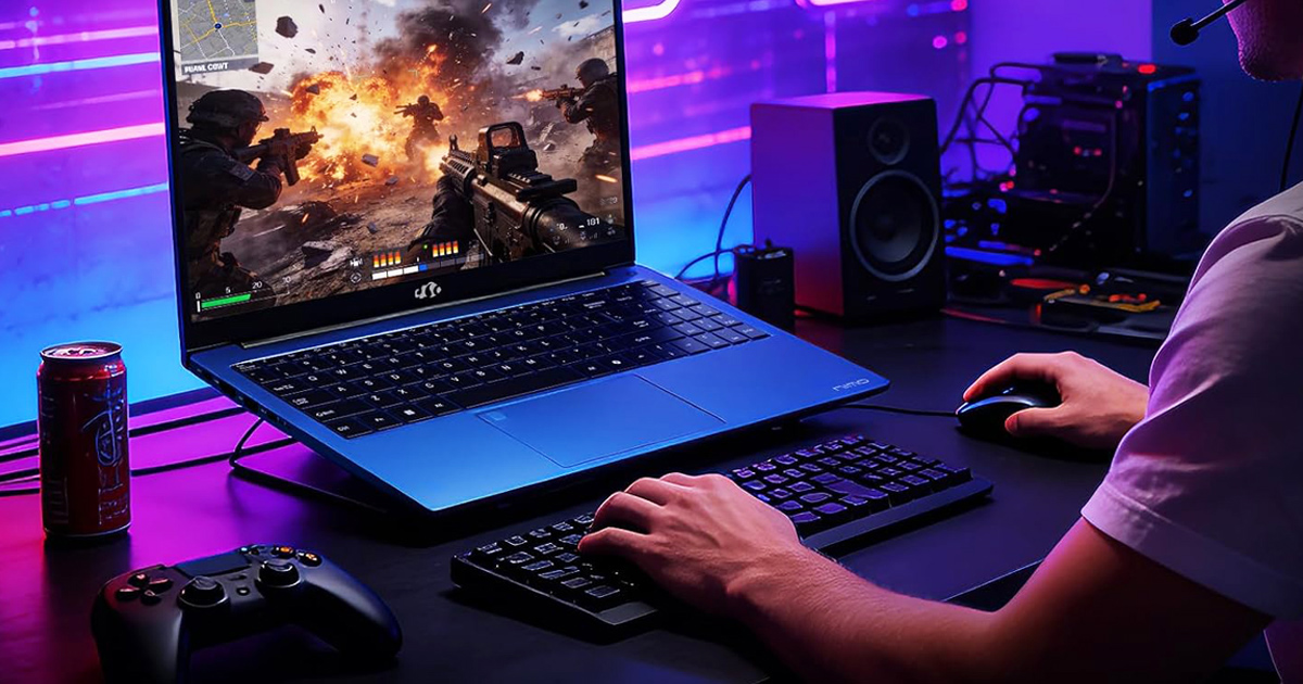 Gaming laptop on a desktop setup displaying an action game, with keyboard, mouse, controller, and RGB lighting highlighting today's top gaming laptop deals.
