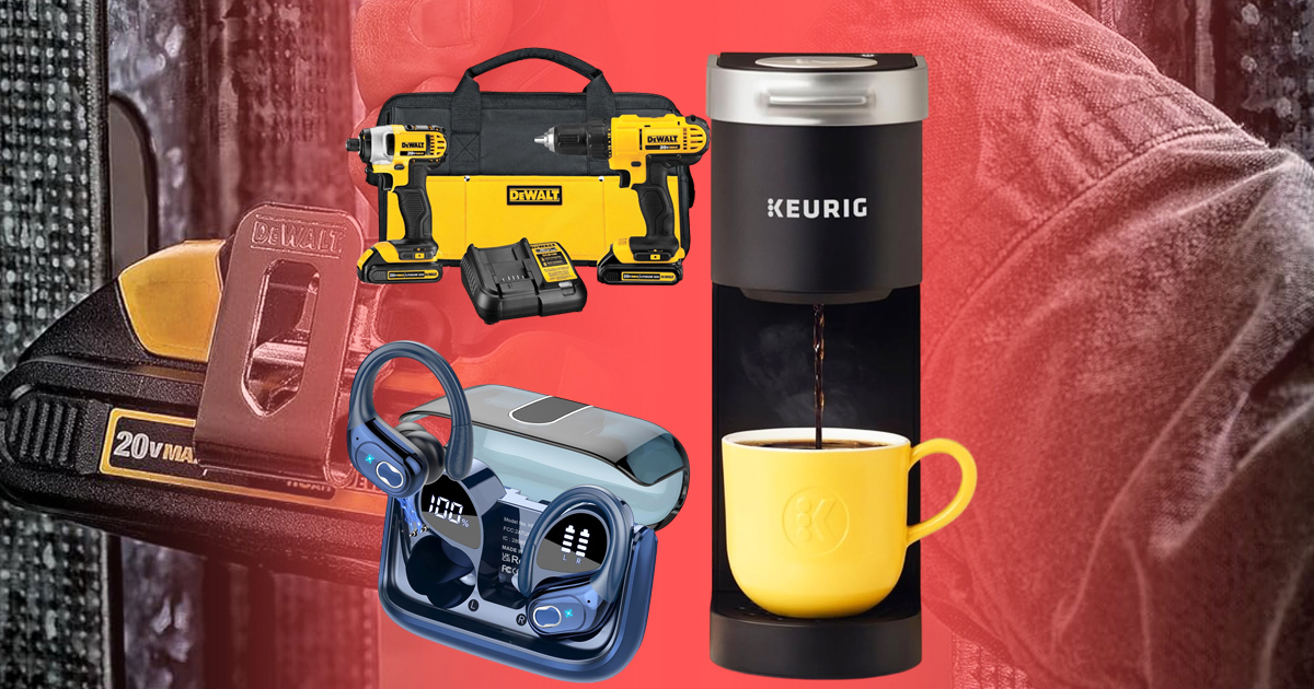 Amazon gadget deals featuring a Keurig K-Mini coffee maker brewing into a yellow mug, a DEWALT 20V cordless drill and impact driver kit, and an a pair of earbuds, set against a bold red background.