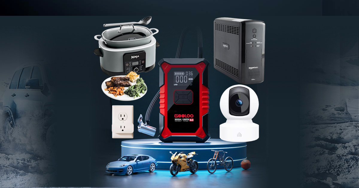 Trending Amazon gadgets for 2026 including a smart plug that works with Alexa, a 4-in-1 air fryer, UPS battery backup with surge protector, and an 8-in-1 multi-cooker