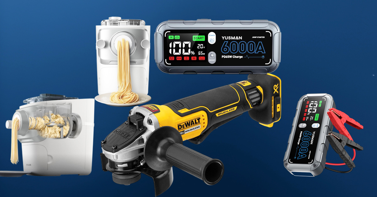 Amazon gadget deals featuring a fully automatic pasta maker, brushless angle grinder, smart garage door video keypad, and foldable travel charger on display